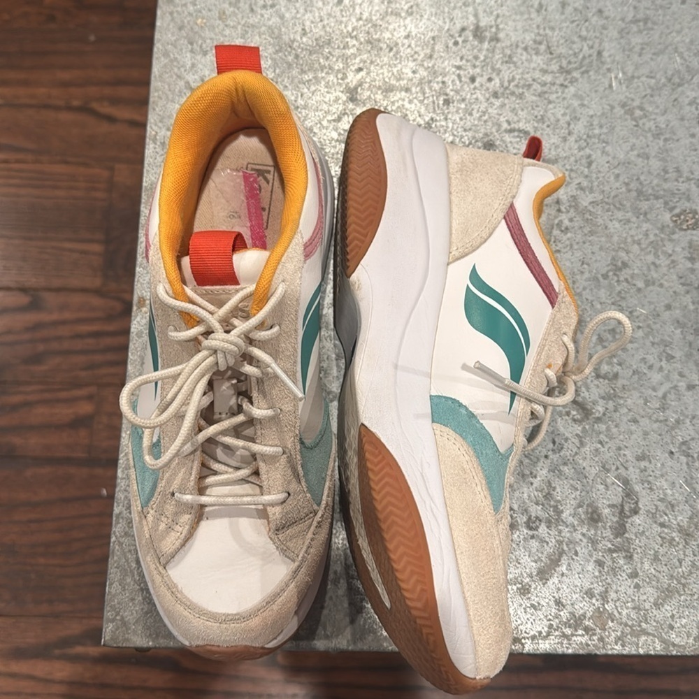 Keds K-89 90’s Style Sneakers‎ in Leather White, Teal, and Orange